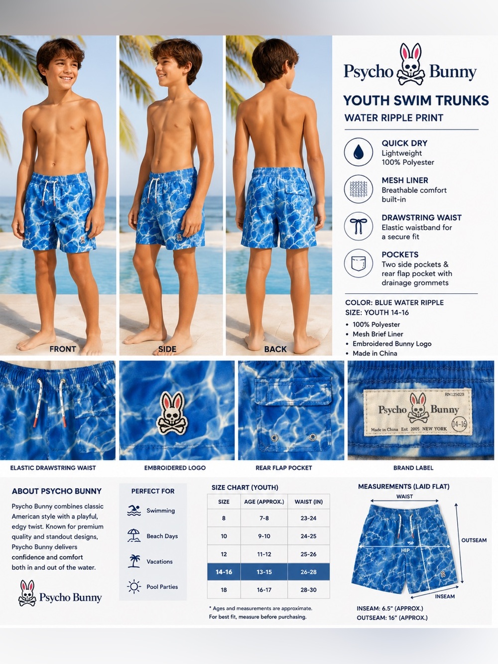 Psycho Bunny Blue Water Ripple Print Swim Trunks Youth Size 14-16 Mesh Lined